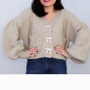 Zara puff sleeve crop sweater in taupe with crystal jewel bow buttons